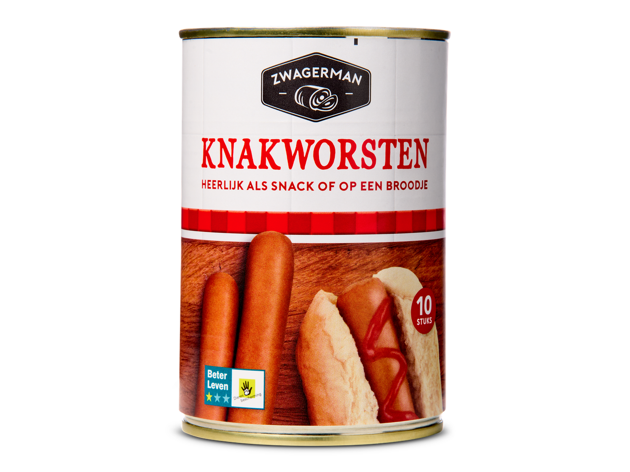 Blik knakworsten met 10 stuks, afgebeeld als snack en op een broodje met ketchup.