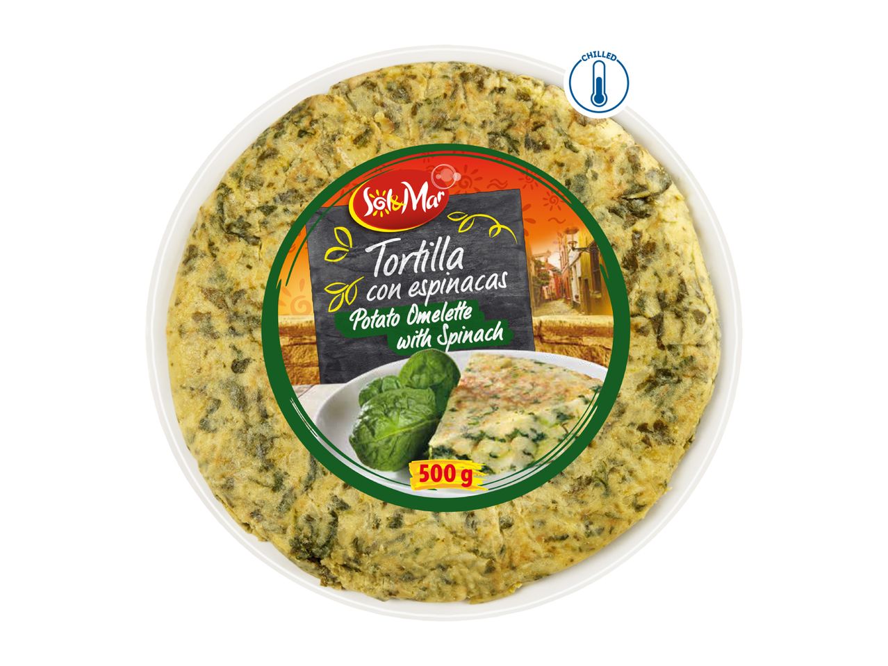 Chilled potato omelette with spinach, 500g, in a white tray with a label showing a slice of the omelette.