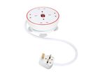 White circular extension lead with four sockets and a red power button, with a UK plug.
