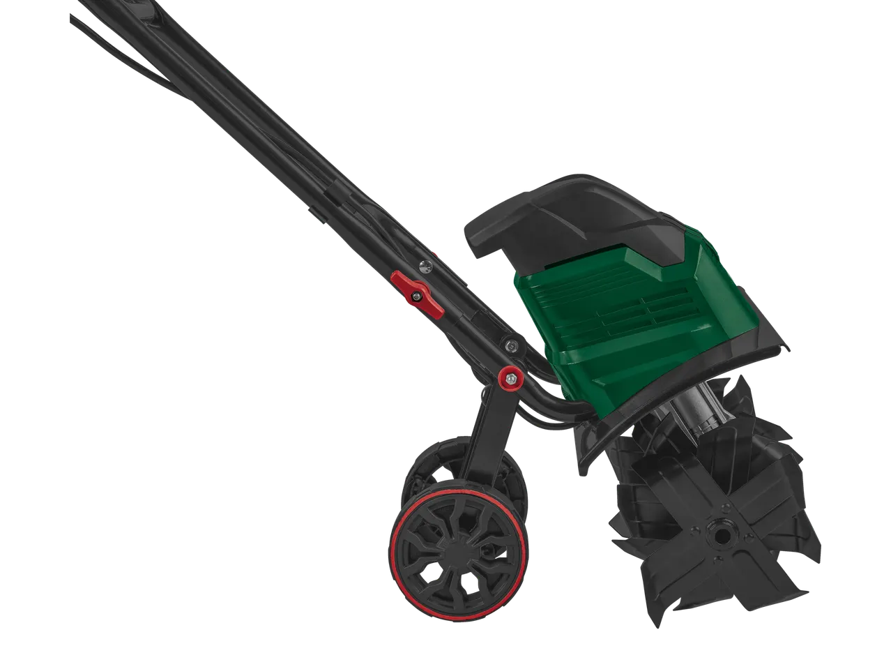 Parkside® baštenski kultivator sa zelenim kućištem motora i crnim motikama.