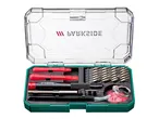 A screwdriver bit set with various tools and accessories in a clear and green case.