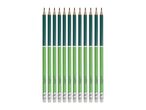 A row of green pencils with erasers, featuring a two-tone design and text.