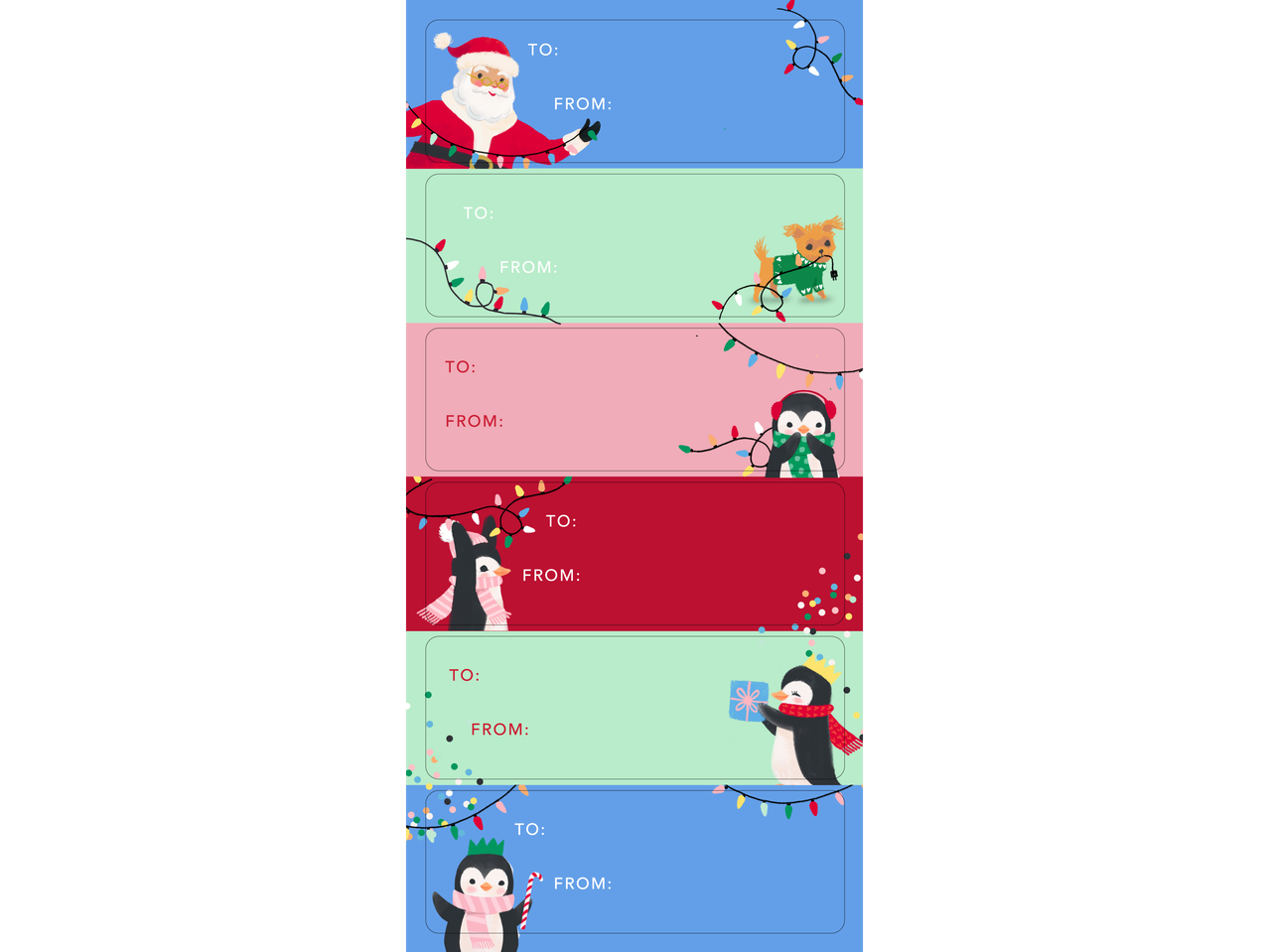 Christmas gift tags featuring Santa, a dog, and penguins with holiday lights.