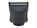 Close-up of a black hair clipper attachment with metal blades.