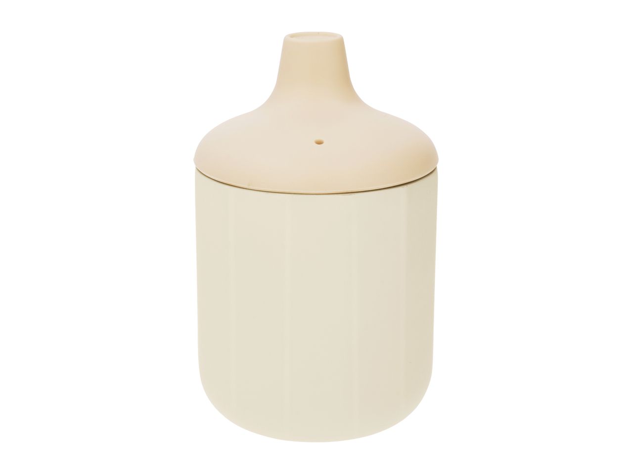 A cream-colored baby sippy cup with a beige silicone spout.