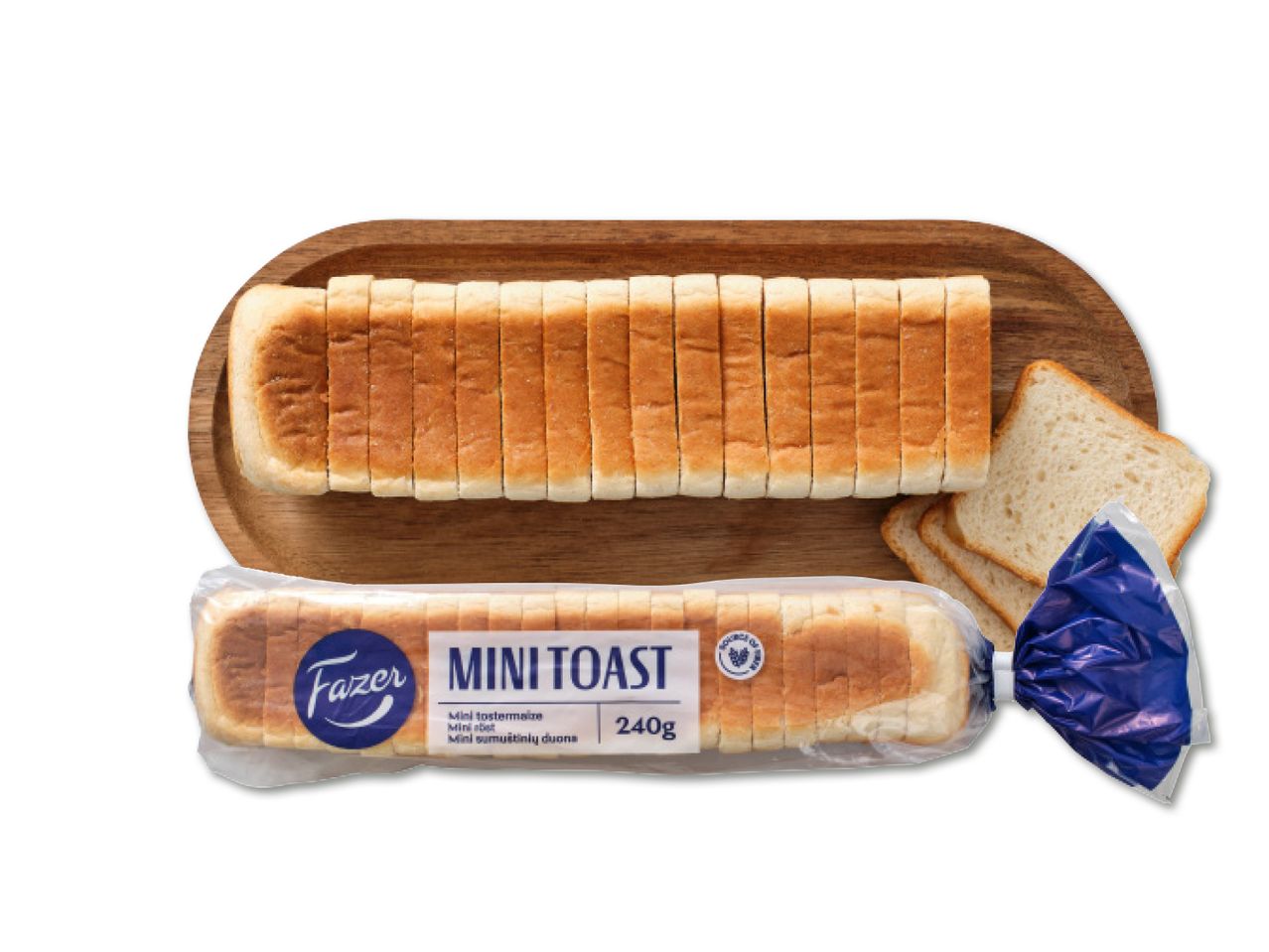 Fazer Mini Toast leib pakendis ja puidust taldrikul.