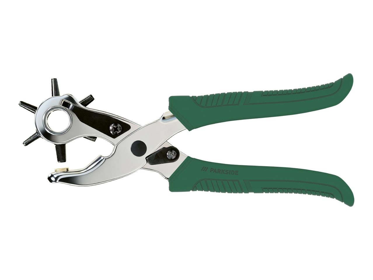 A green and silver leather hole puncher with a rotating head for different hole sizes.