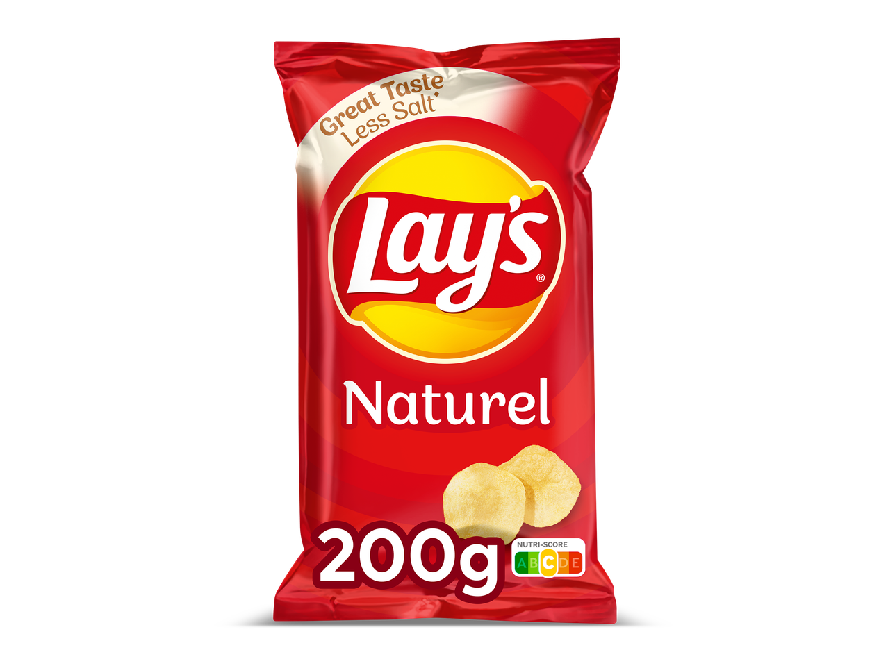 Rode zak chips met de tekst 'Great Taste Less Salt' en 'Naturel', met een gewicht van 200g en Nutri-Score A.