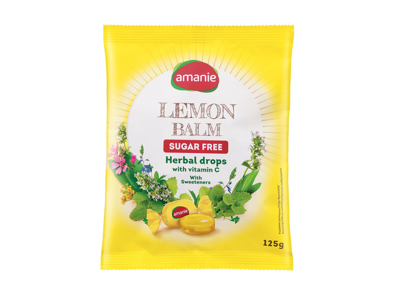 Συσκευασία με σταγόνες βοτάνων Amani Lemon Balm χωρίς ζάχαρη, με βιταμίνη C και γλυκαντικά.