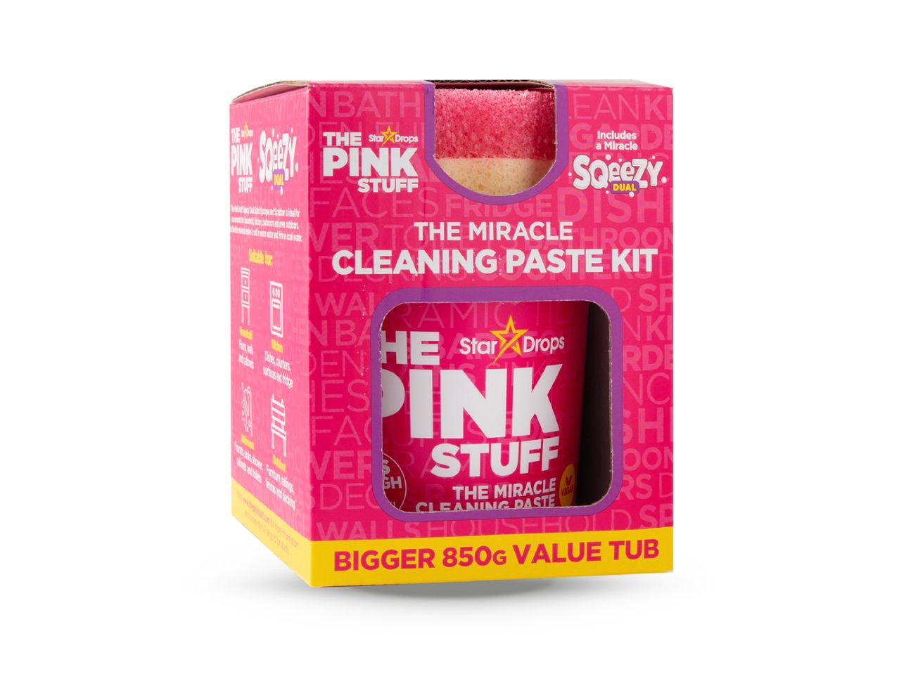 Kutija Star Drops Pink Stuff seta za čišćenje s pastom i spužvom.