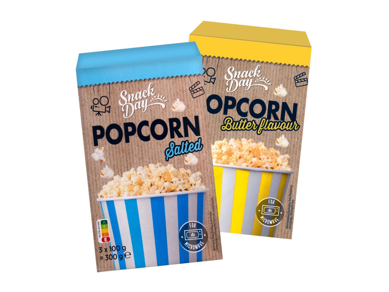 Dve kutije kokica Sweet & Spicy, jedna žuta, jedna plava.