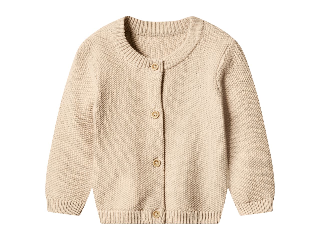 Beige knitted baby cardigan with long sleeves and buttons