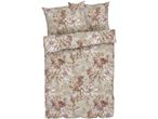 Floral duvet cover set with two pillows in shades of pink, green, and beige.
