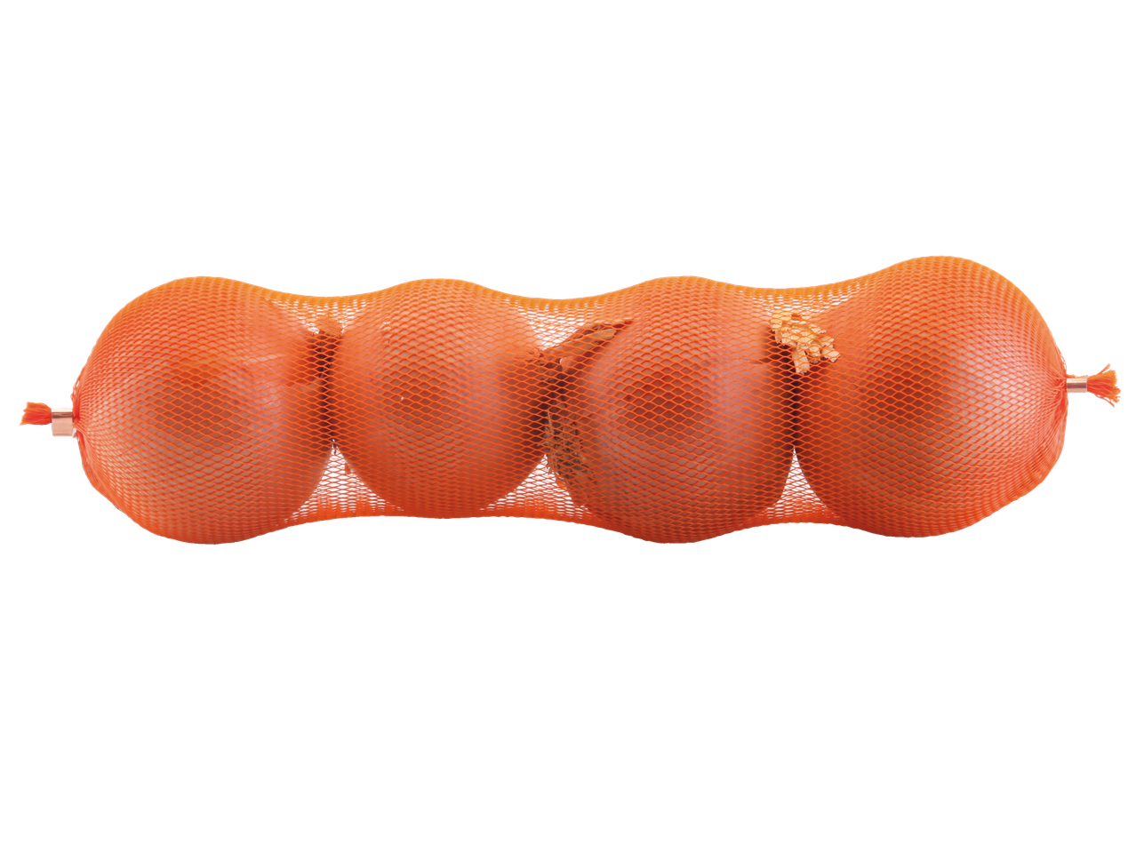 Quatro cebolas em um saco de malha laranja.