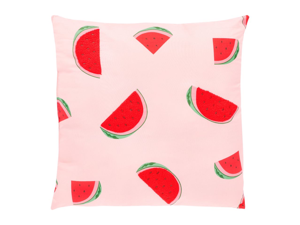 Pink cushion with a watermelon slice pattern, some slices are embroidered.