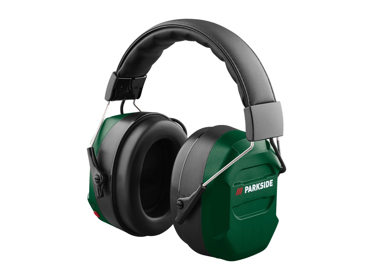 Green and black ear defenders with a padded headband, angled to show the earcups.