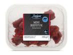 Een verpakking gemarineerde mini-biefstukjes van 150g, met bewaar- en bereidingsinstructies.