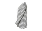 Gray and white striped long-sleeve tunic shirt with side slits.