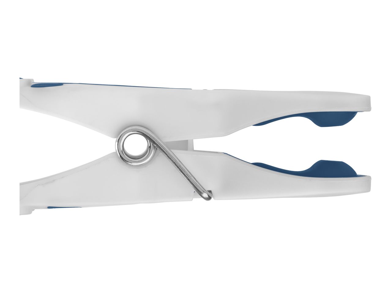 A white spring clothespin with blue grips.