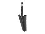 Black tactical shovel with serrated edges and a silver collar on the handle.