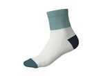 A single sock with a teal cuff and toe, a white body, and a dark blue heel.