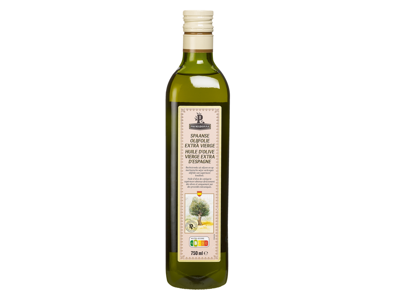 Une bouteille d'huile d'olive extra vierge espagnole Primadonna, 750 ml.