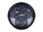 Black round serving tray with white line art illustrations of barbecue food and tools.