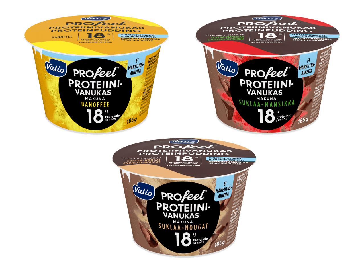 Kolme proteiinivanukasta: banaanitoffee, suklaa-mansikka ja suklaa-nougat.