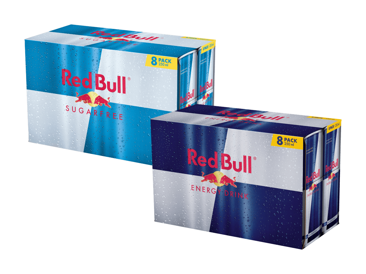Zwei Red Bull 8er-Packs, eines zuckerfrei, eines normales Energy Drink.