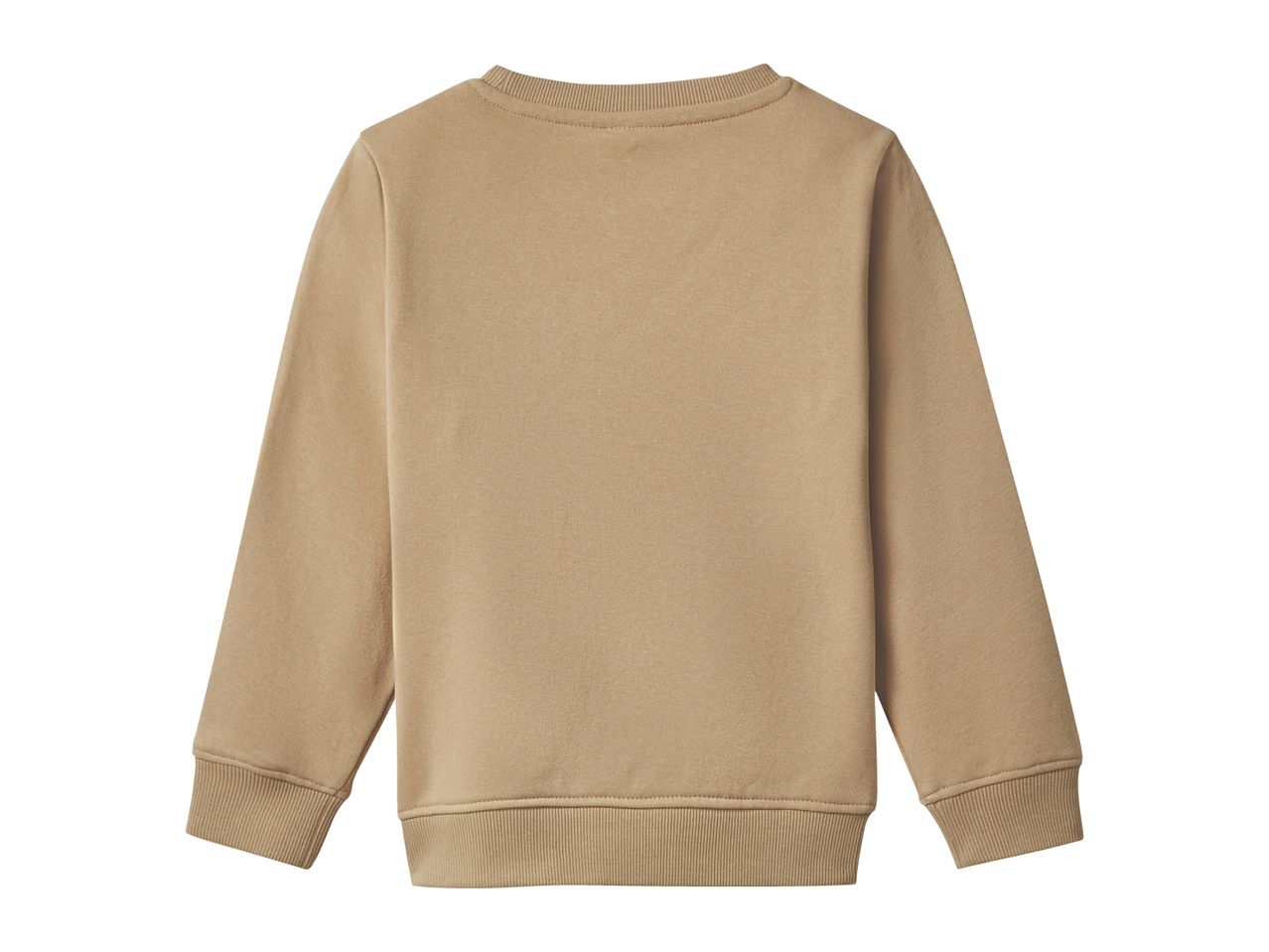 Back view of a plain beige long-sleeved sweatshirt.