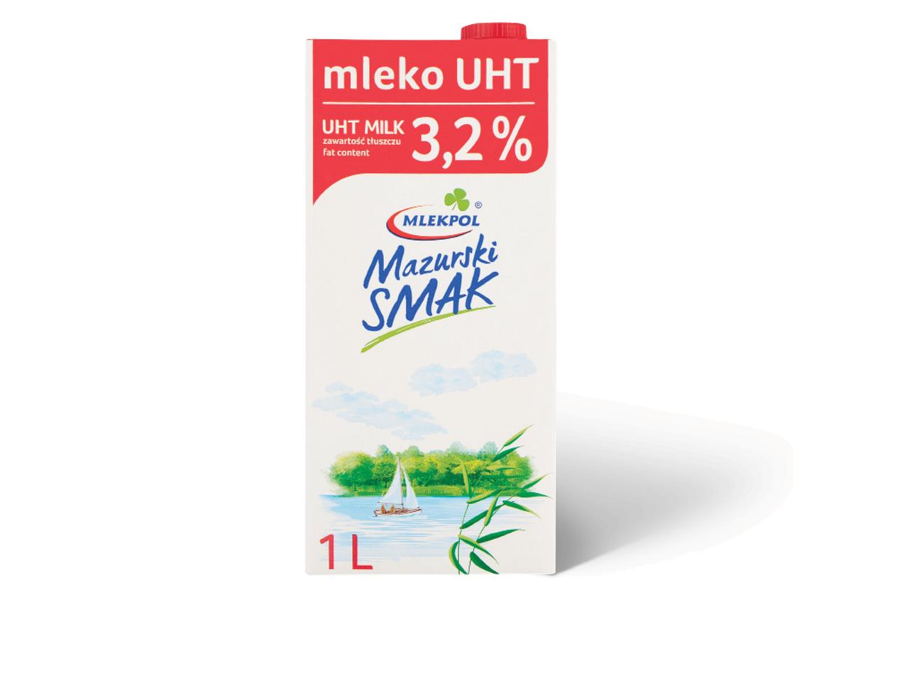 Kartona UHT piena iepakojums ar 3,2% tauku saturu, attēlojot ezeru un buru laivu.