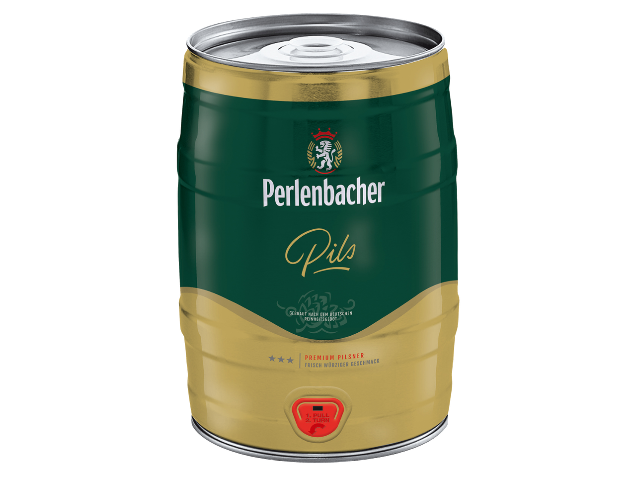 Fût de bière Pils vert et doré avec texte 