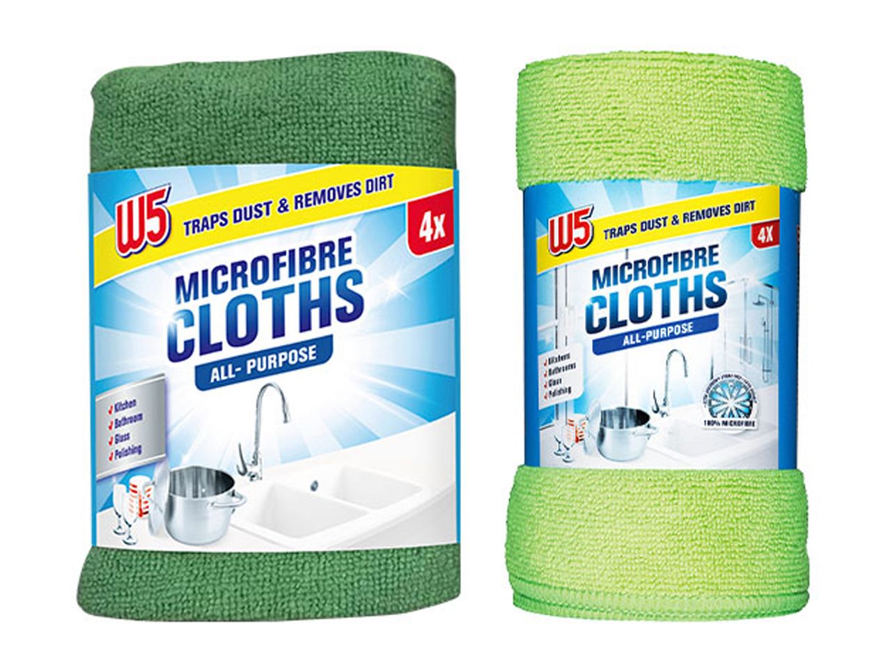 Two W5 Microfibre Cloths, one dark green and one light green, with product packaging.