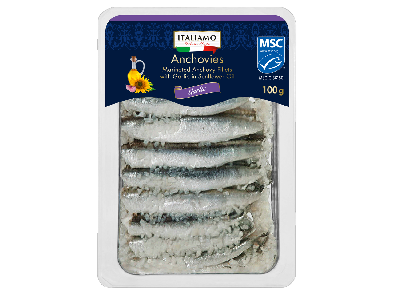 ITALIAMO marinētas anšovu filejas ar ķiplokiem saulespuķu eļļā, 100g