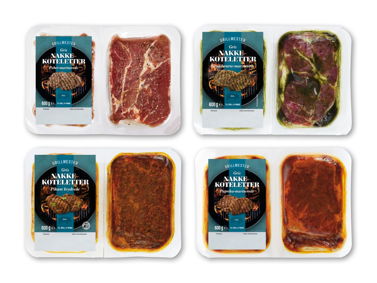 Fire pakker marineret nakkekoteletter i forskellige smagsvarianter: peber, krydderurte, pikant og paprika.