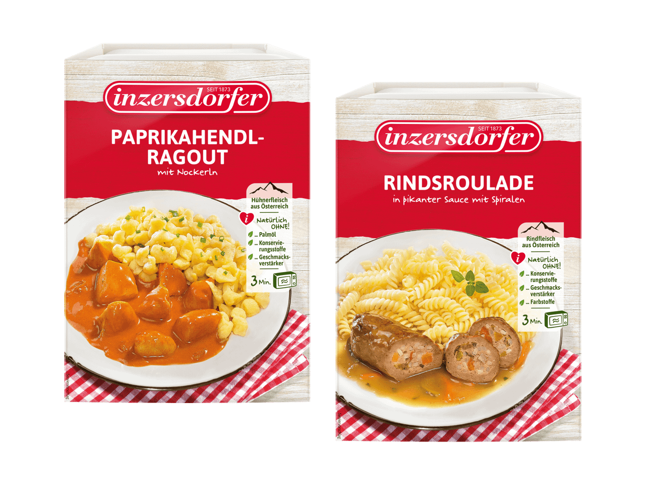 Zwei Packungen Inzersdorfer Fertiggerichte: Paprikahendl-Ragout mit Nockerln und Rindsroulade mit Spiralen.