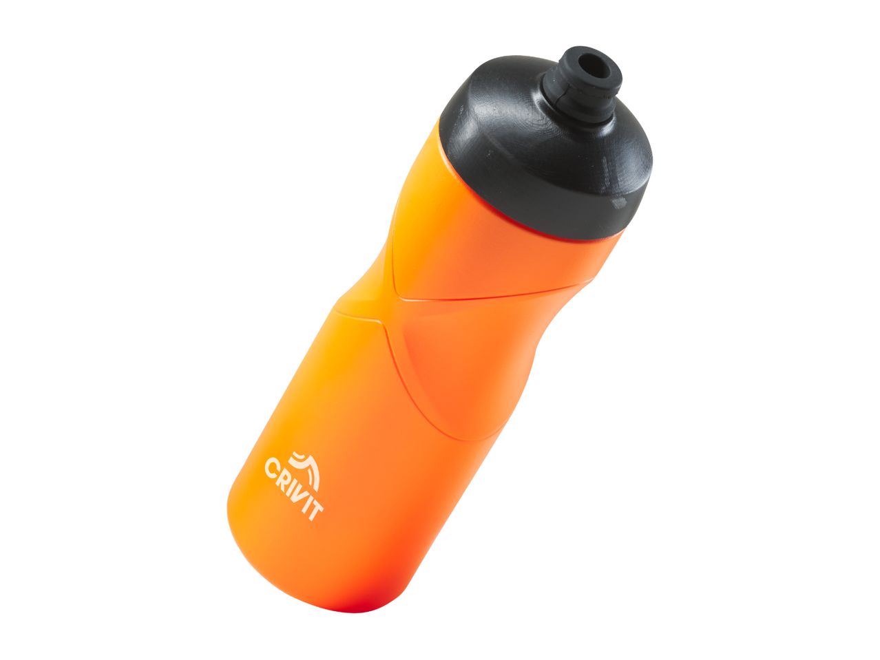 An orange sports bottle with a black cap and mouthpiece, angled on a white background.