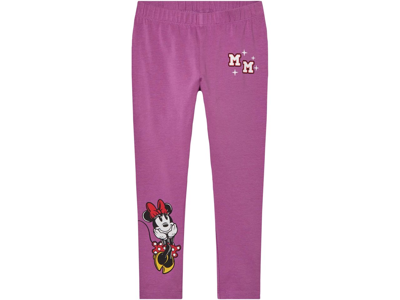 Leggings viola da bambina con stampa di Minnie e logo 'MM'.