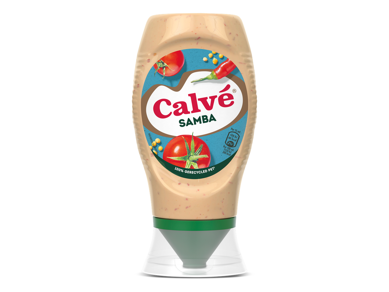 Fles sambasaus met tomaten en chilipepers, gemaakt van 100% gerecycled PET.