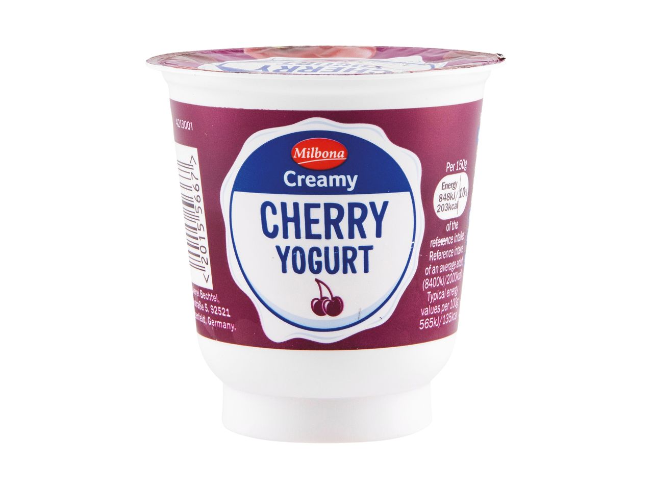 Creamy cherry yogurt cup with nutritional information.