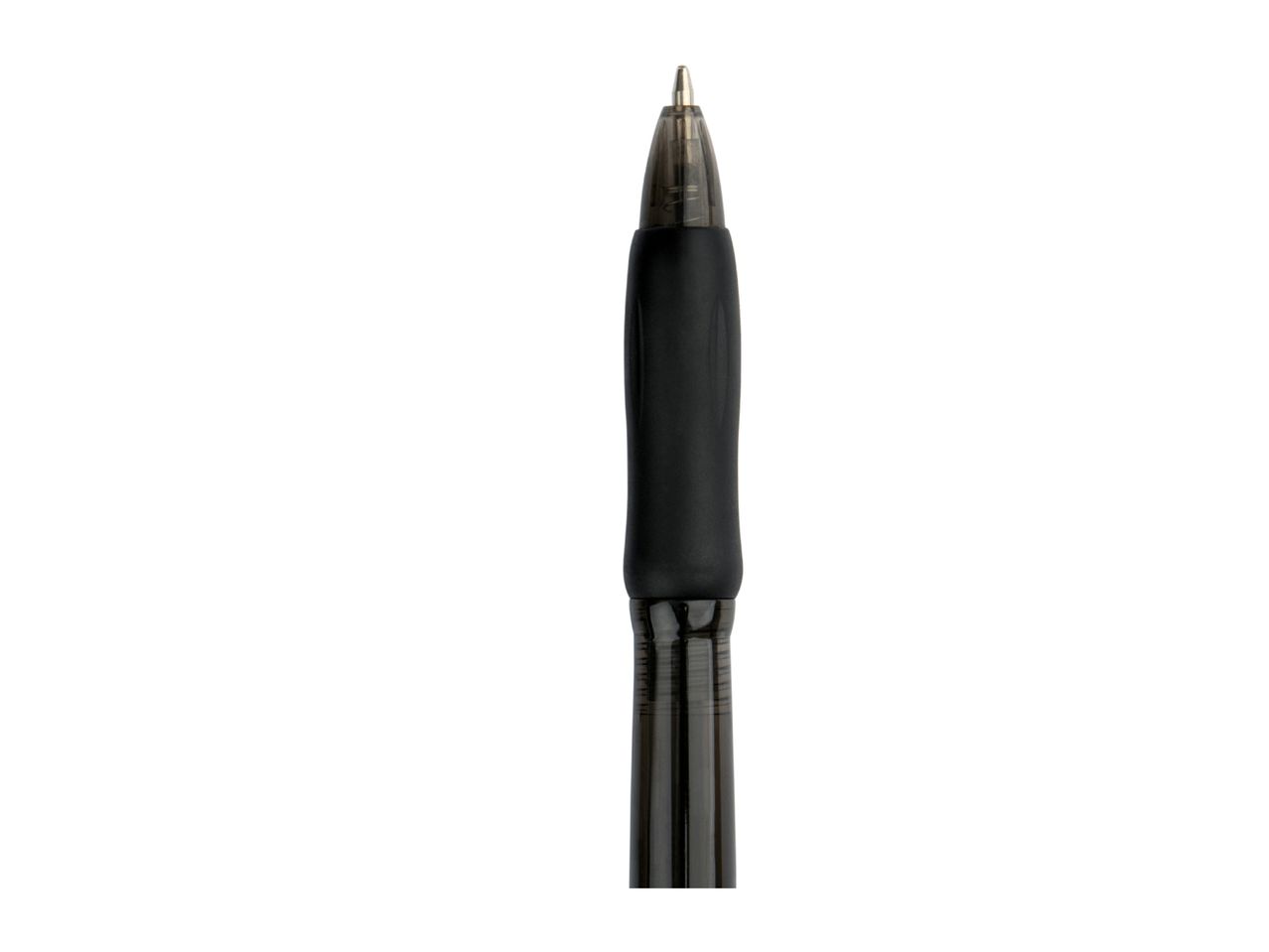 Close-up of a black retractable ballpoint pen.