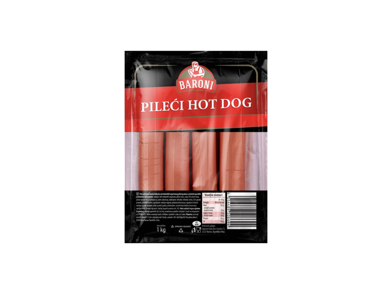 Pakovanje Baroninih pilećih hot-dogova od 1 kg.
