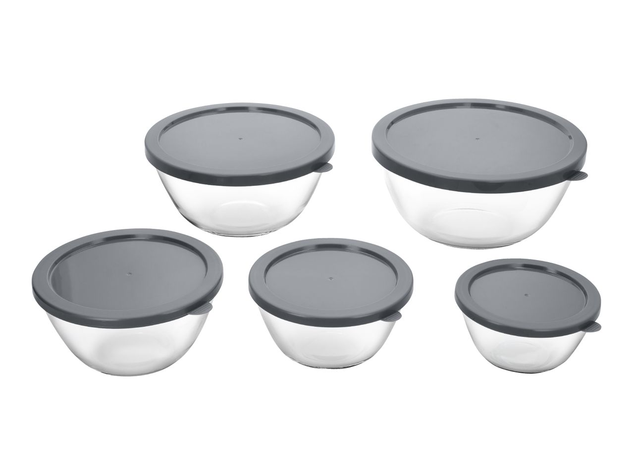 Set of five clear glass bowls with grey plastic lids, varying in size.