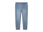 Light blue children's jeggings with an elasticated waist and faux front pockets.