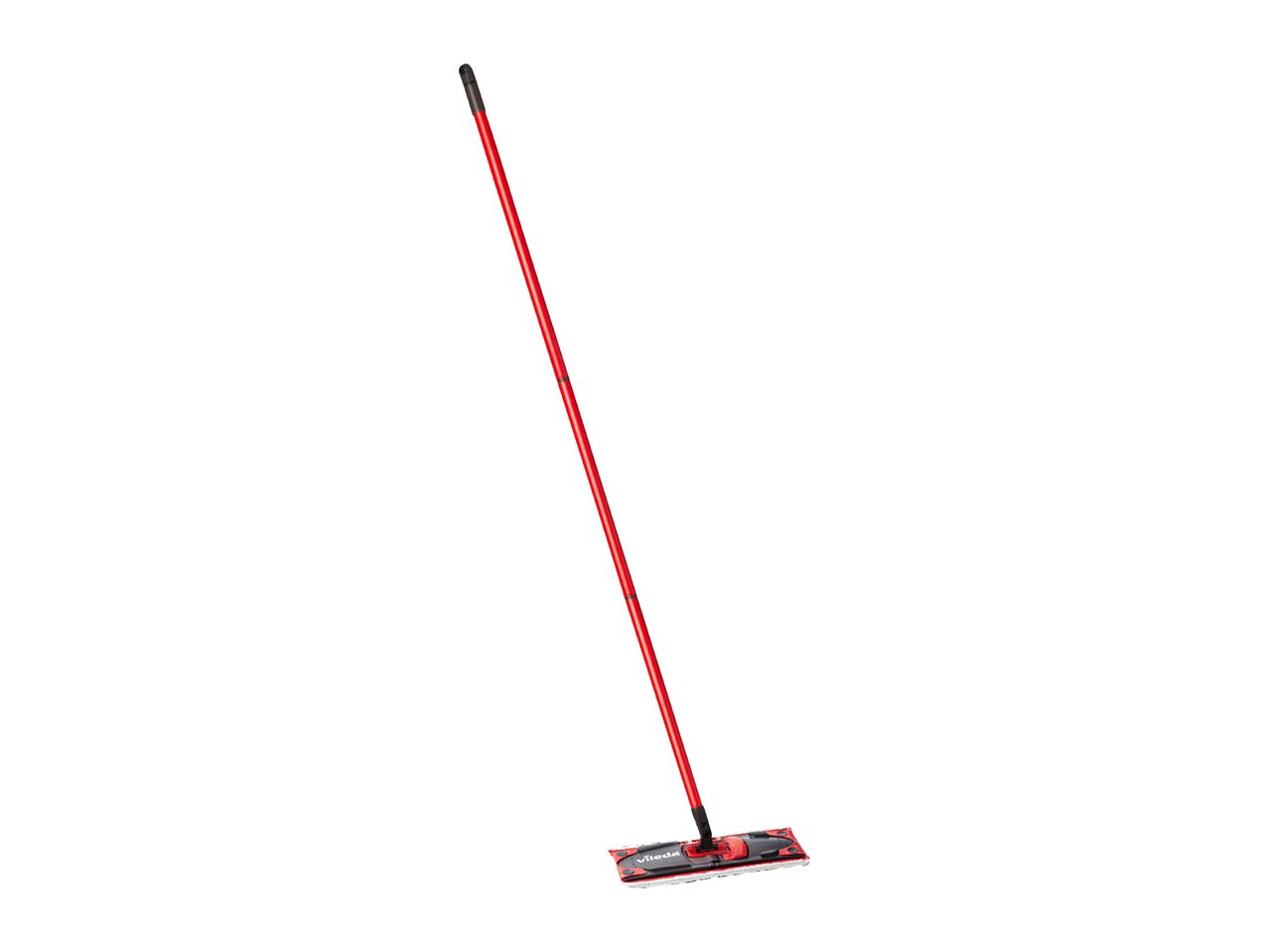 A red Vileda mop with a flat head and a long handle.
