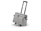 Grey rolling travel bag with compartments.