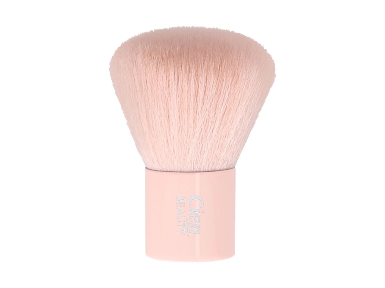 Pink kabuki brush with soft bristles and a short handle.