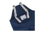 Dark blue waterproof dungarees with adjustable beige straps and a white name tag.