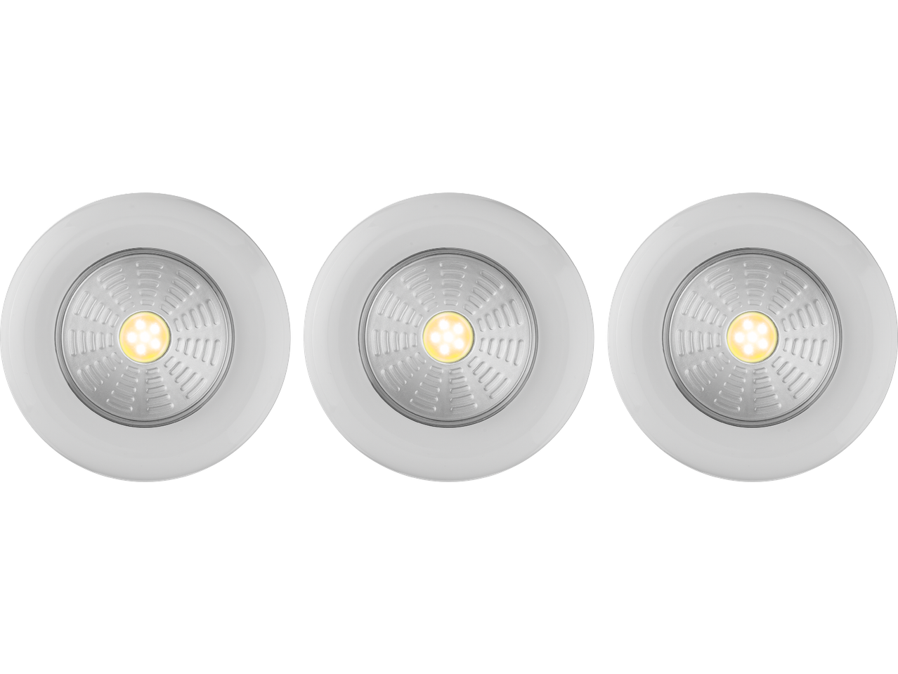 Tre vita LED-taklampor med silverdetaljer.