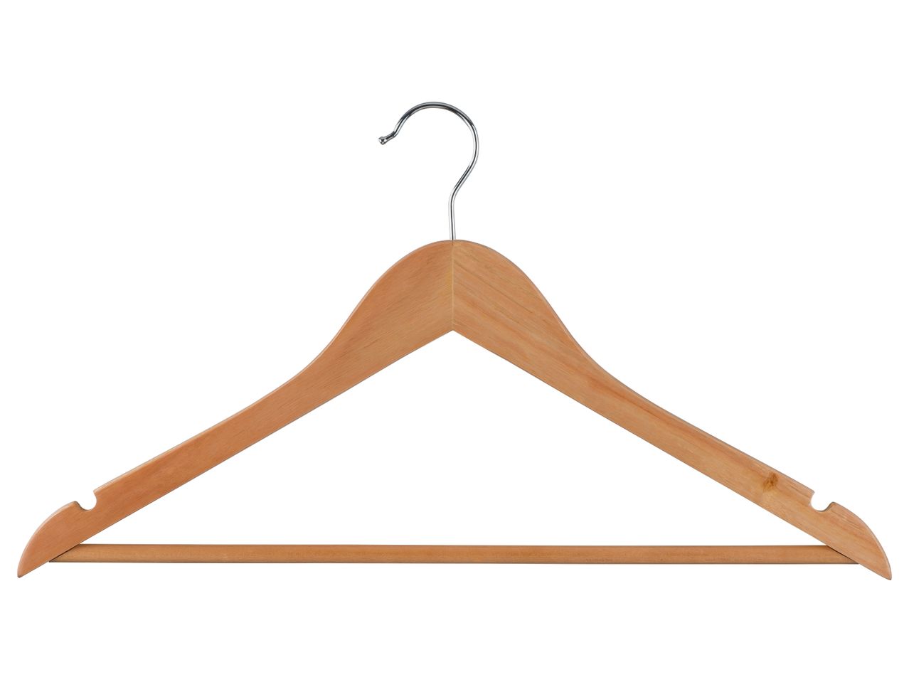 A natural-colored wooden clothes hanger with a metal hook.